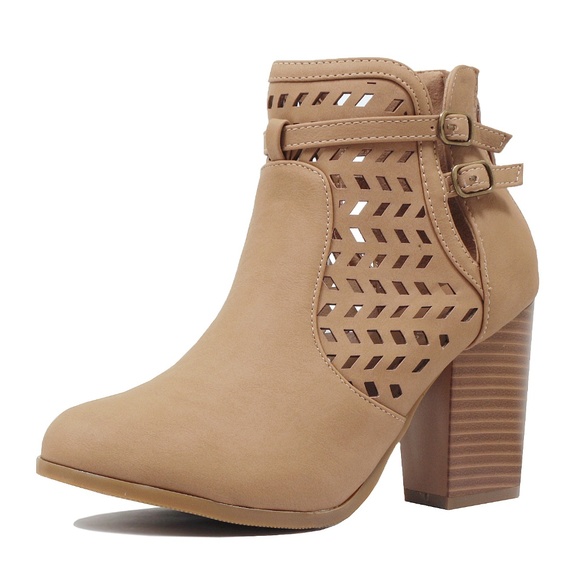 Shoes - Tan Cutout Buckle Chunky Heel Bootie Boot Glenda-1